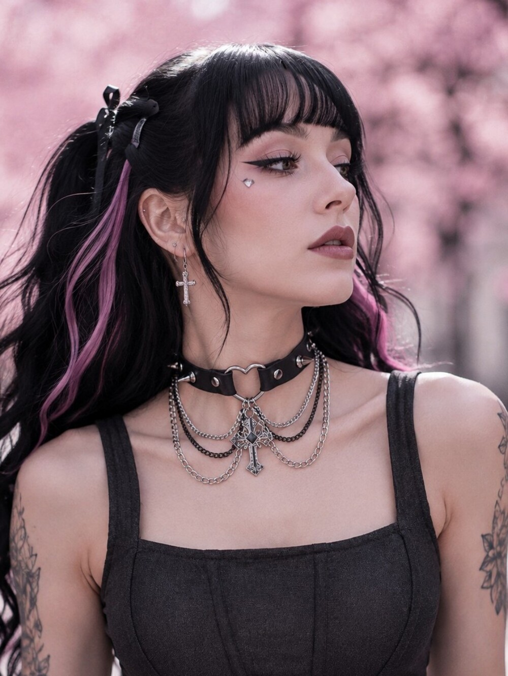 NEW Black Gothic Spike Choker Necklace with Silver Cross Pendant And Chains